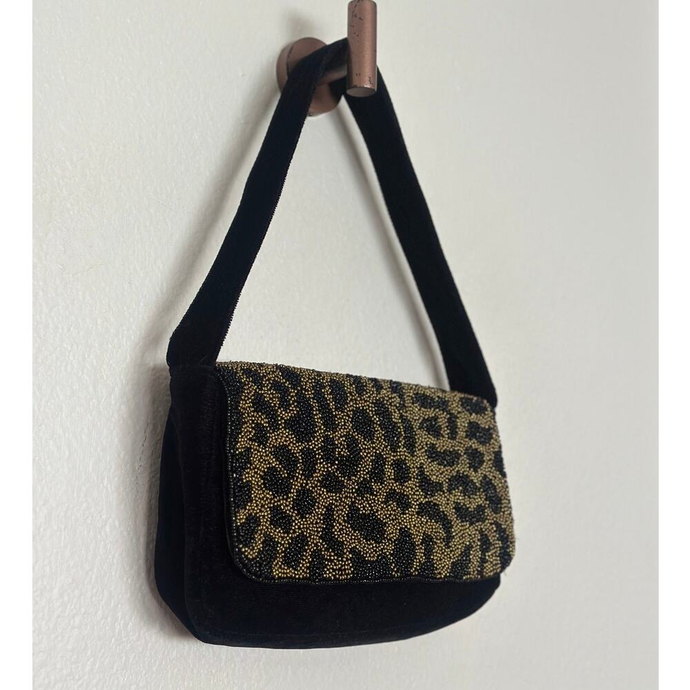 a new day Black and Gold Beaded Leopard Print Shoulder Bag Velvet Purse